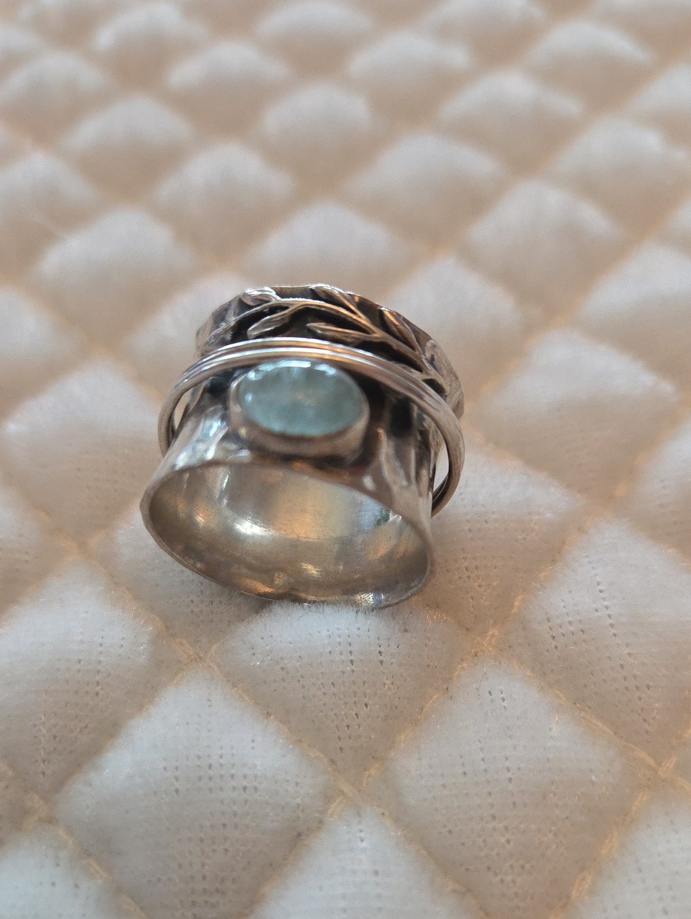 Sterling Silver 925 Stamp Leaf Band Ring with Light Blue Stone